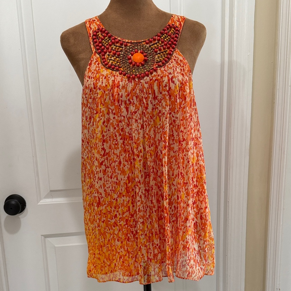 Beige by eci Orange and Coral Printed Sleeveless Top With Beaded Neckline